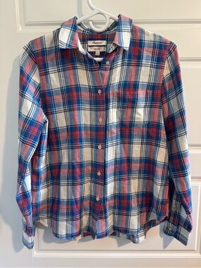 Madewell Shrunken Plaid Flannel Shirt, Red, White, and Blue, Size Small
